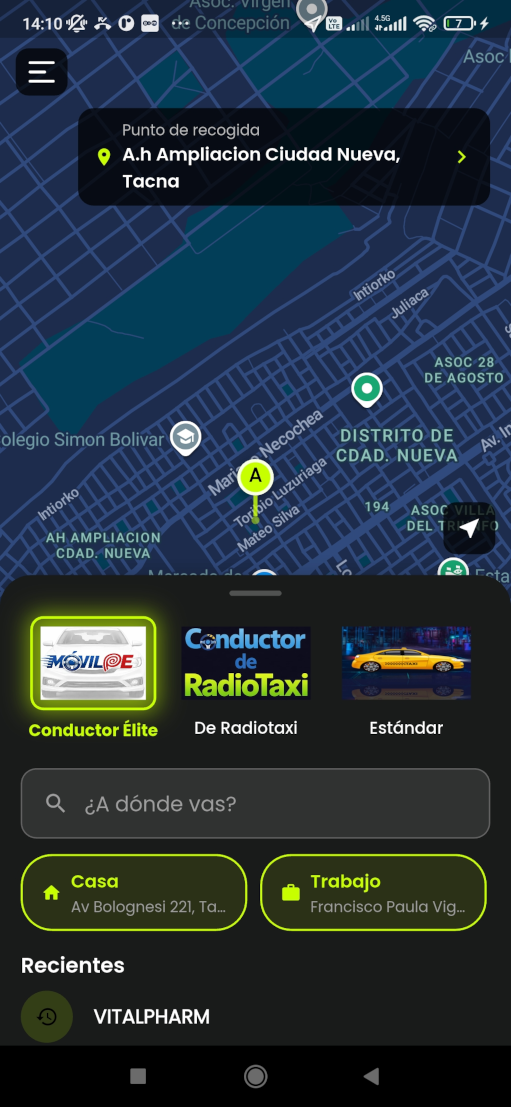 Pantalla de inicio de MóvilPE con el mapa de Tacna, los tipos de servicio y los destinos recientes