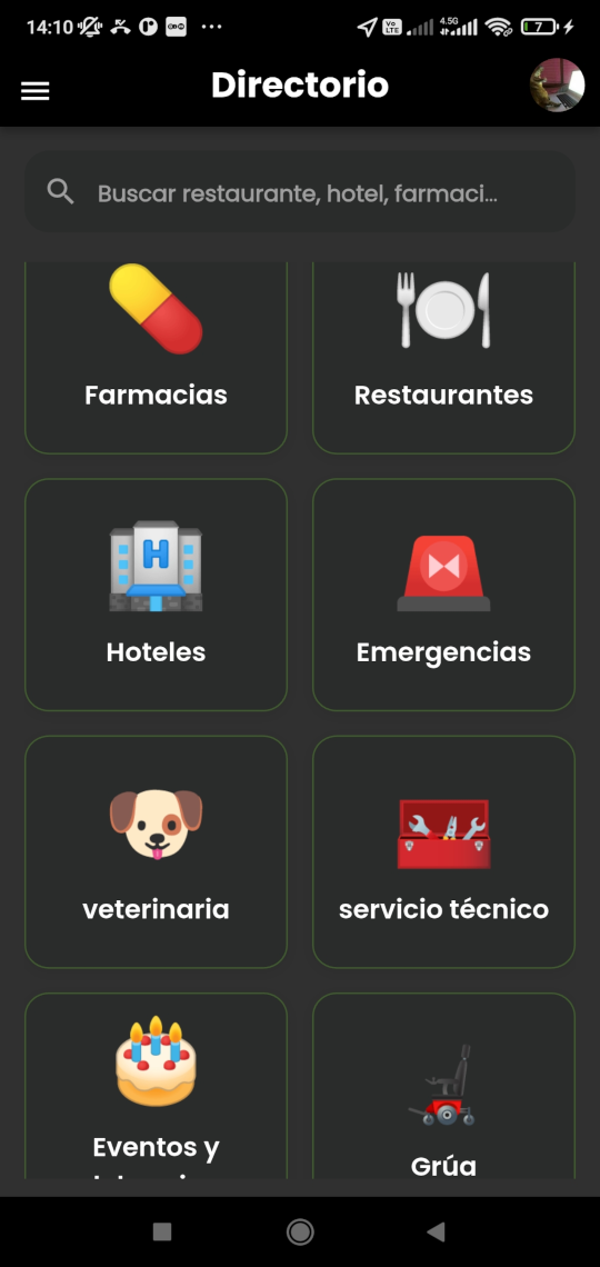 Pantalla del Directorio MóvilPE mostrando las categorías: farmacias, restaurantes, hoteles, emergencias, veterinaria, servicio técnico, eventos y grúa