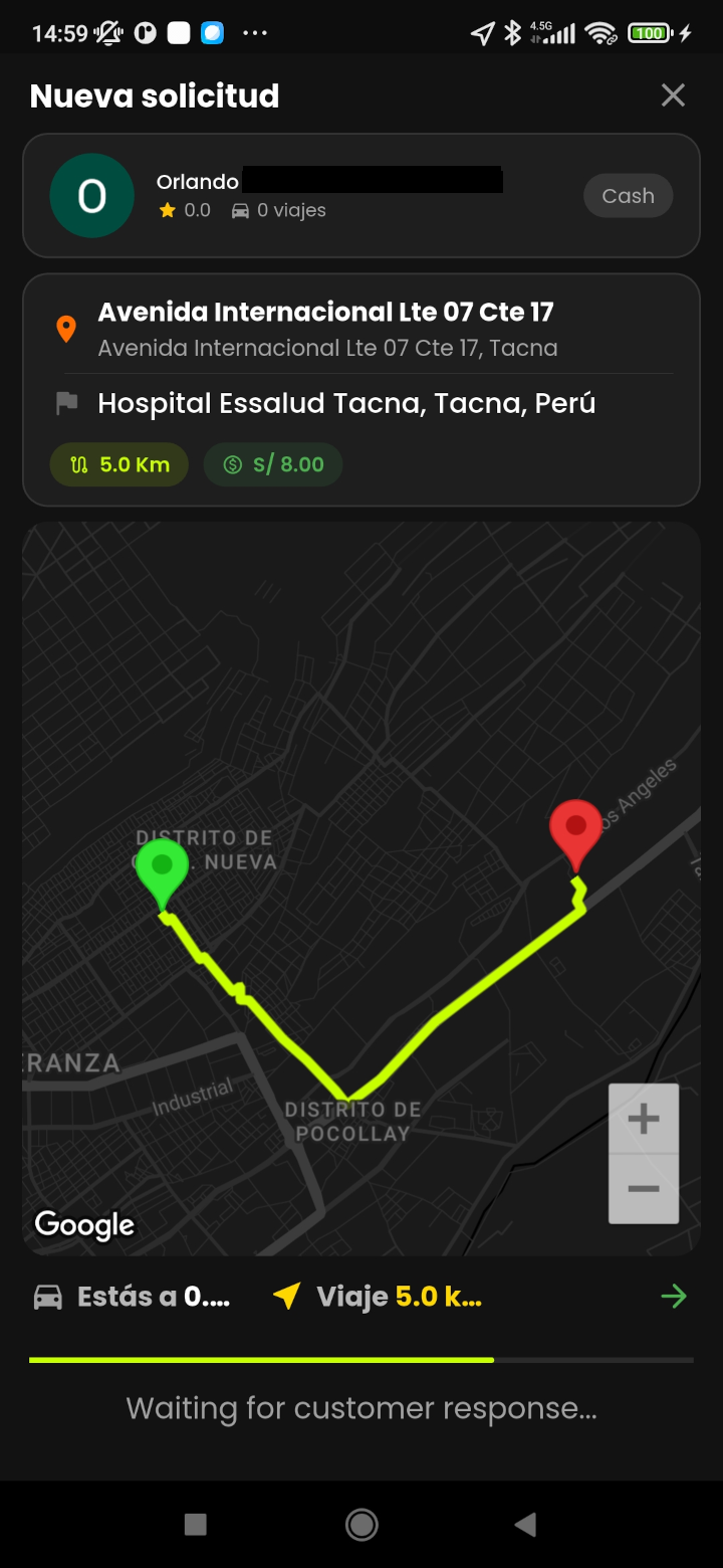 Alerta de nueva solicitud en la app del conductor MóvilPE: recojo en Avenida Internacional, destino Hospital Essalud Tacna, 5 km por S/ 8.00