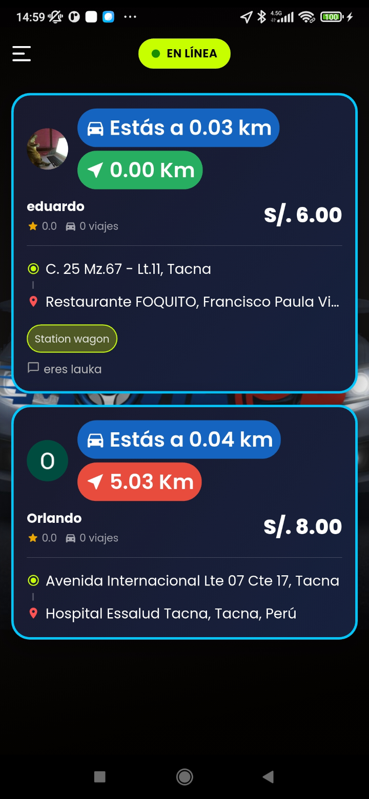 Pantalla de inicio del conductor en línea con dos solicitudes pendientes, entre ellas la del Hospital Essalud por S/ 8.00